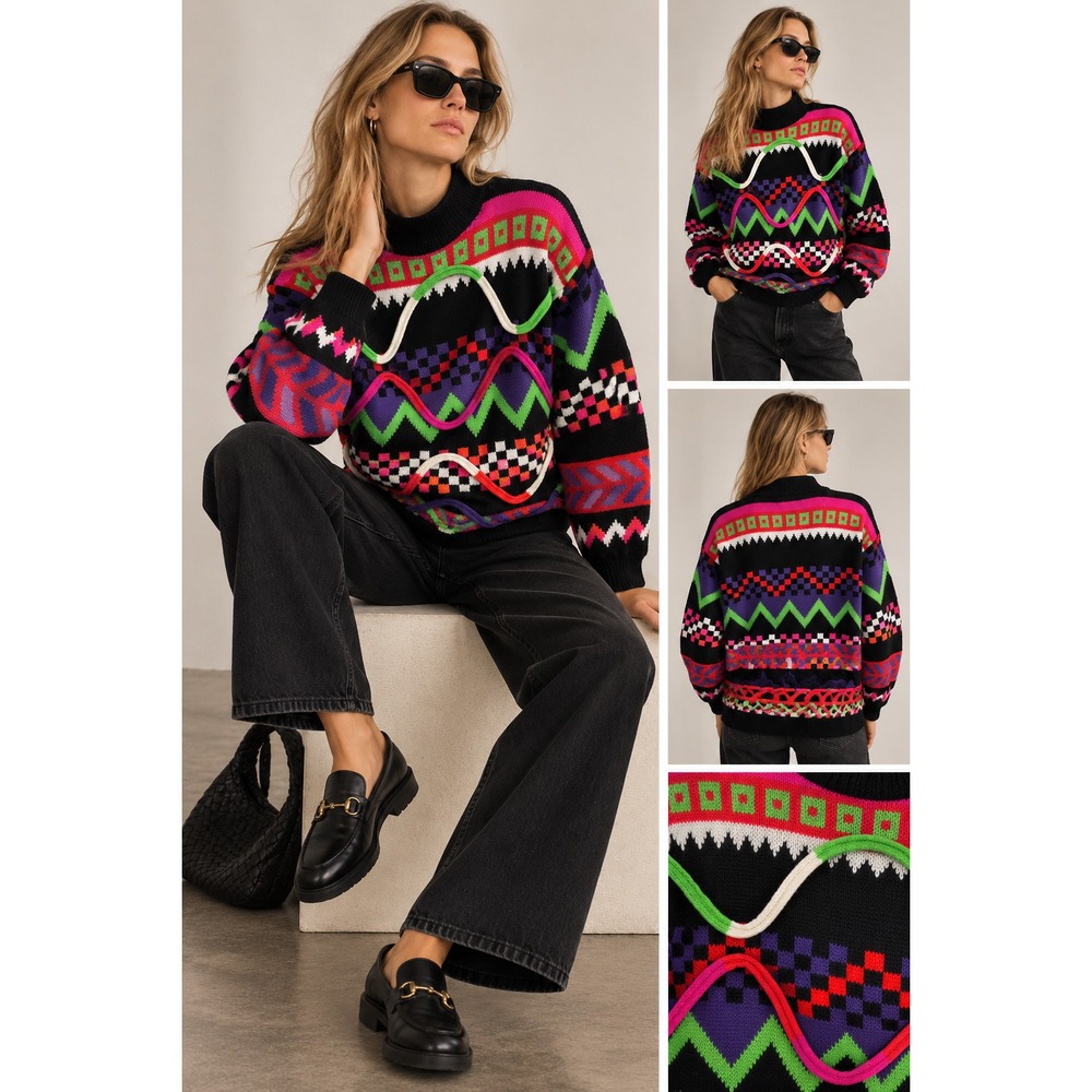 Vintage 80s Jamie Scott Sweater S 3D Geometric Memphis Wearable Art Neon Knit